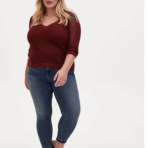 Rust Red Open Stitch & Pointelle V-neck Crop Pullover Sweater
